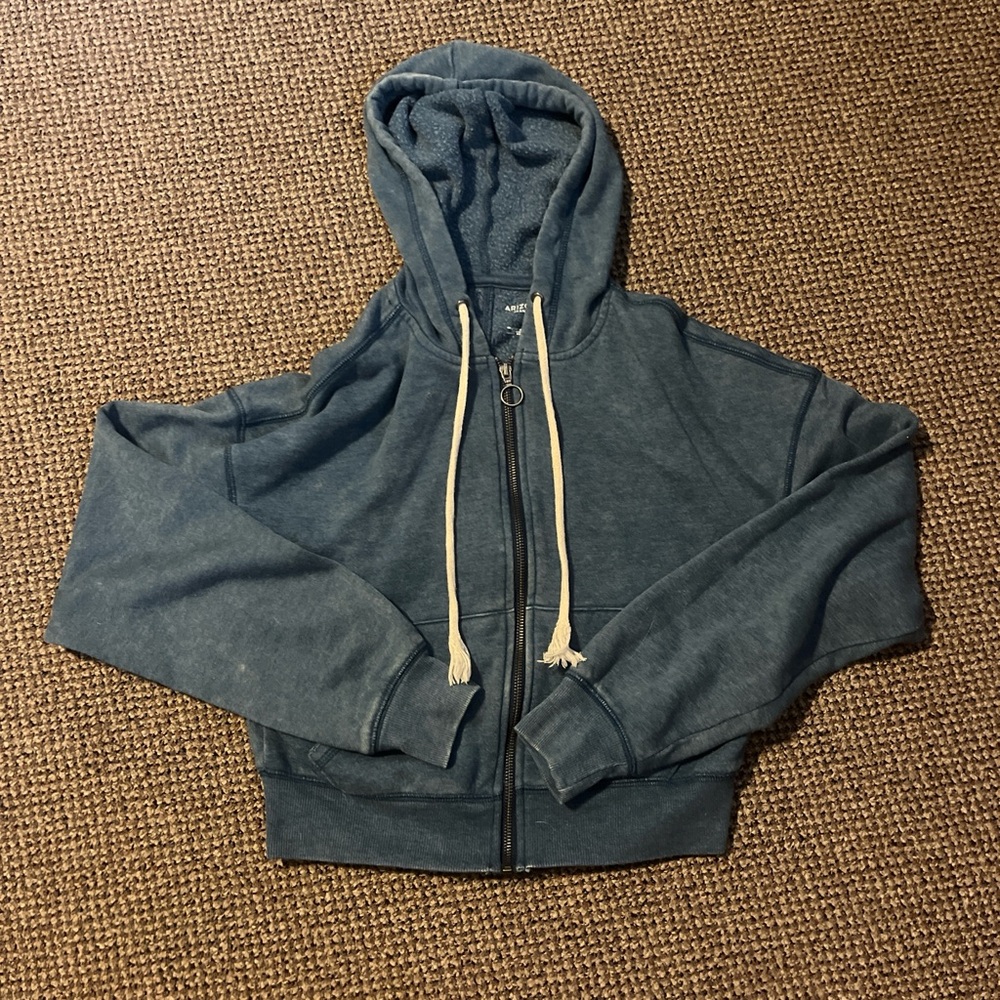 Blue Zip-Up cropped Hoodie with Drawstrings